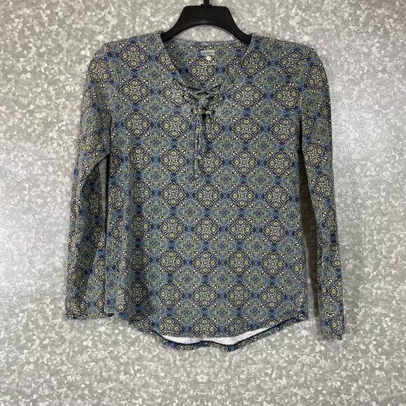 Ruff Hewn Blue Medallion Print Lace Up Front T-Shirt - Size Small - Long Sleeves - Picture 1 of 7